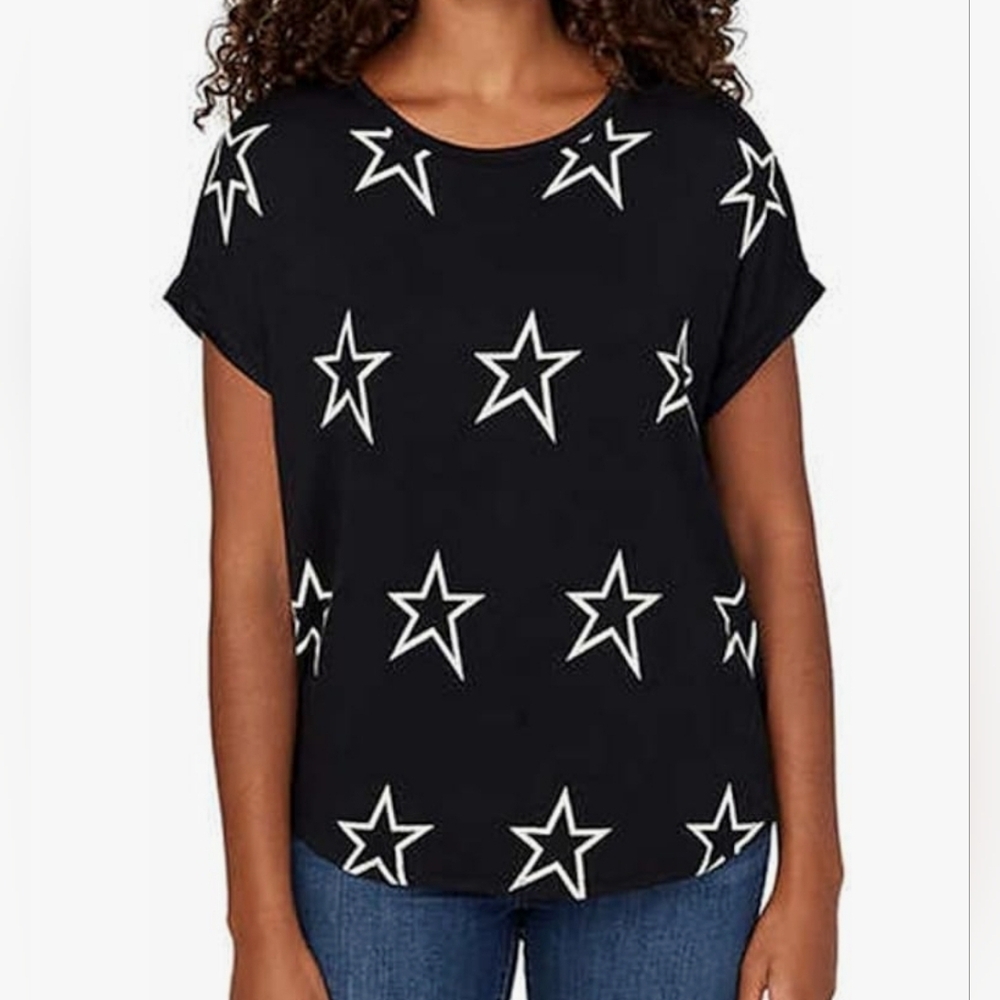 Buffalo David Bitton Black White Star Print Soft Knit Cap Sleeve Top Size 2X